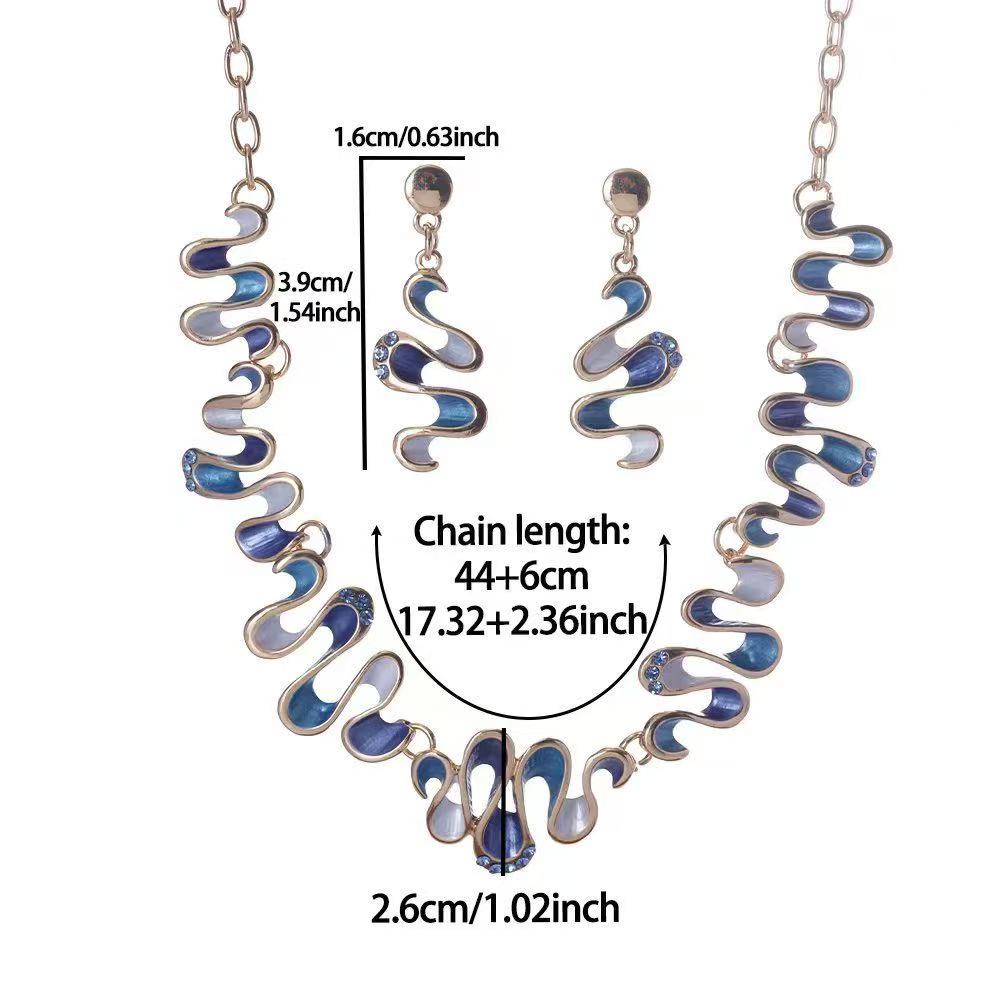 Artistic Wavy Enamel Rhinestone Statement Necklace & Earrings Jewelry Set for Women